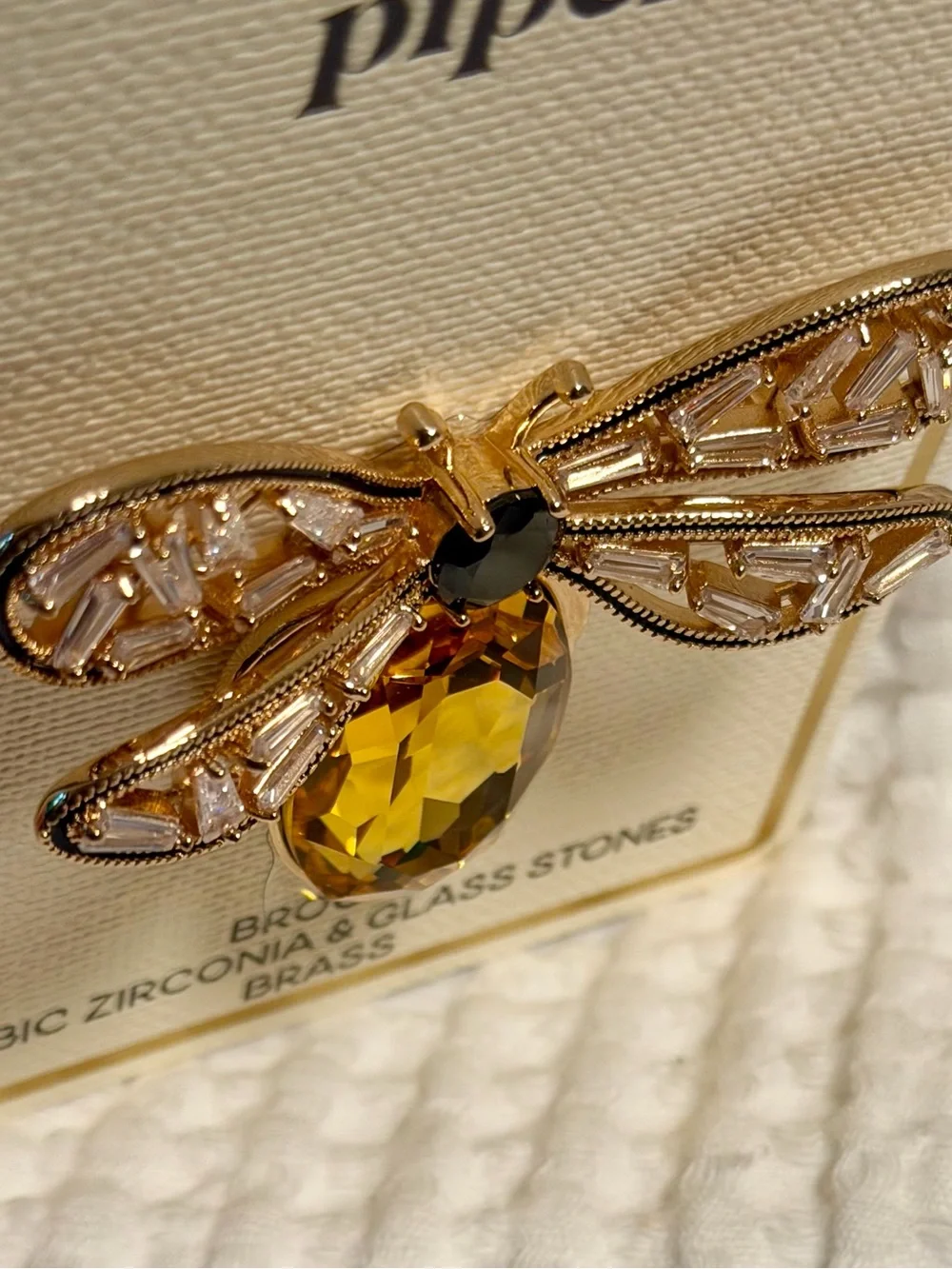 Piper K Bumblebee Brooch Yellow CZ Glass Stone Crystal Statement Pin Nickel Free